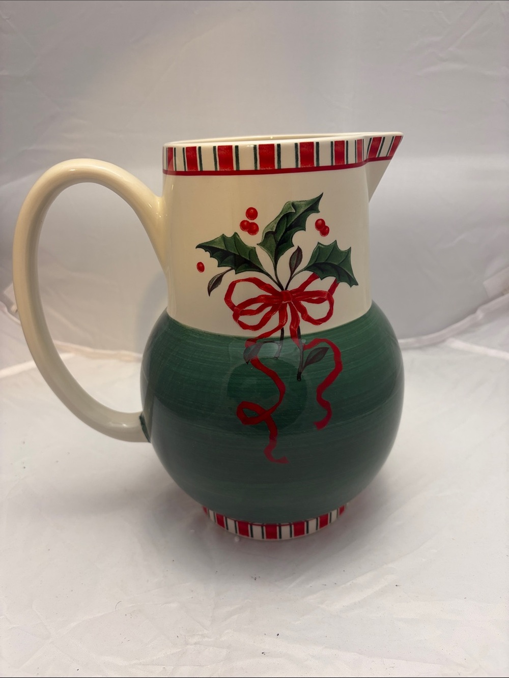 Festive Holiday Ceramic Pitcher with Holly Motif - Green and Red